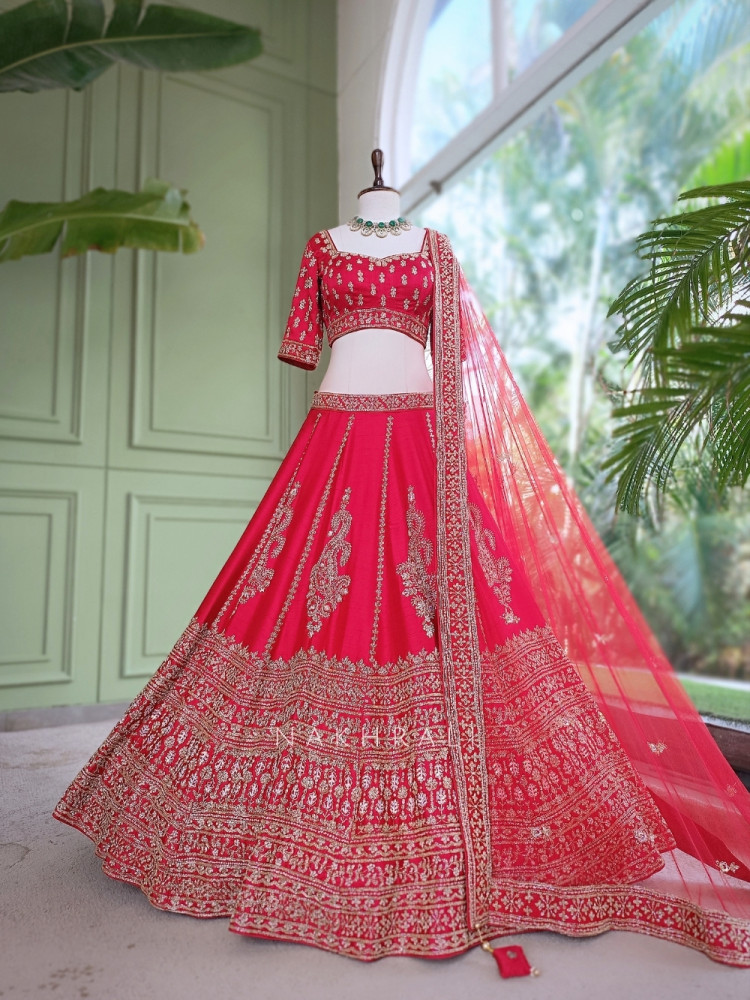 Image of Rudrima Red Raw Silk Bridal Lehenga With Zardozi Dabka &amp; Paisley Work