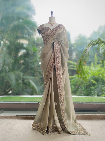 Lustre Trellis Sage Green Tissue Silk Saree with Readymade Blouse