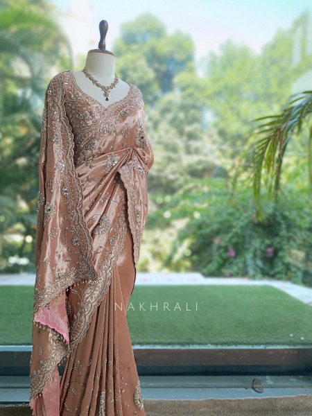 Celestine Peach Crushed Shimmer Silk Tissue & Silk Georgette Blend Saree