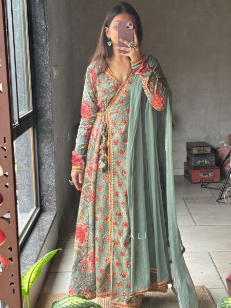 Vrinda Green Cotton Block Print Angrakha Anarkali Suit Set