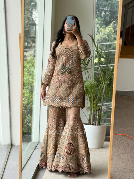 Gilded Heirloom Beige Tulle Net & Satin Silk Sharara Suit Set