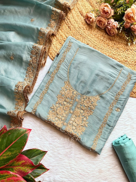 Blue Embroidered Dress Material Set with Sequin Detailing