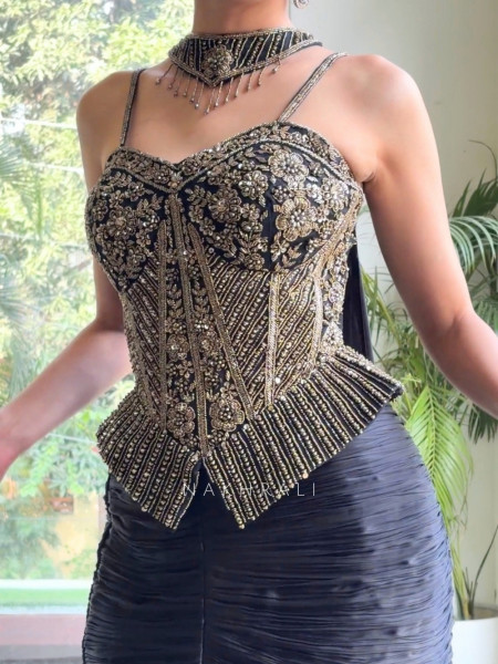 Onyx Black Matte Silk & Crepe Indo-Western Skirt Set