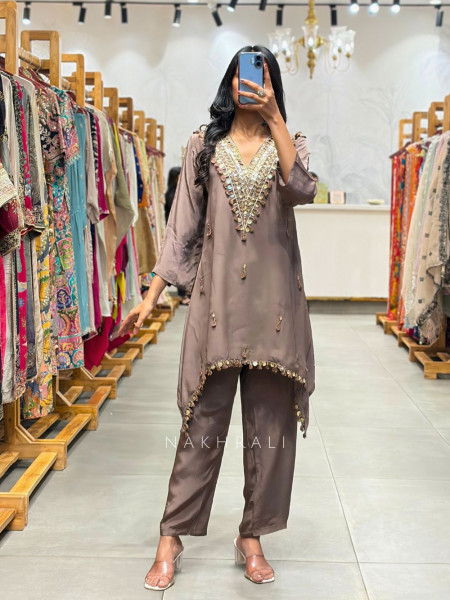 Cavira Brown Kurta Pant Set with Zari Sequin Work