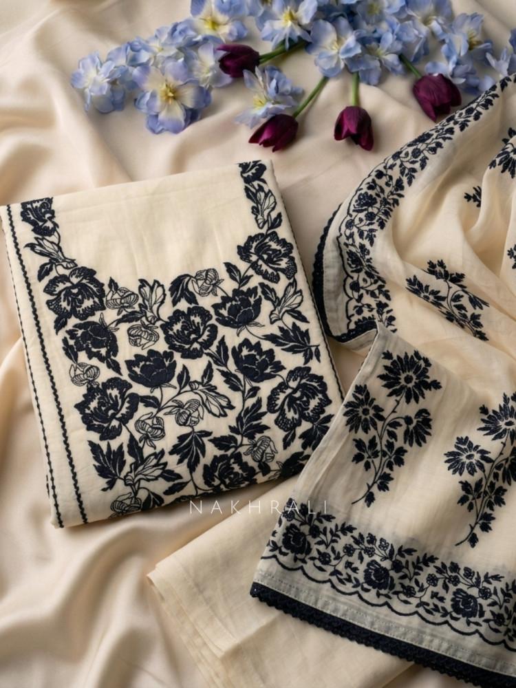 Image of Komallika Off-White Dress Material With Floral Thread Embroidery