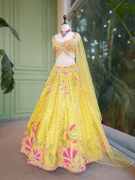Yavika Yellow Floral Lehenga Set with Sequin and Bead Work