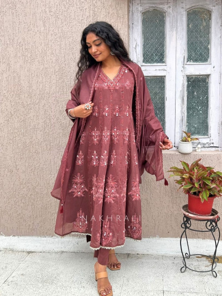 Mrinmayi Wine Pure Mul Cotton Anarkali Suit Set With Thread Embroidery & Mirror Work