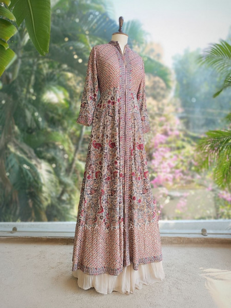 Qymera Beige Printed Anarkali Suit Set with Sequin Embroidery
