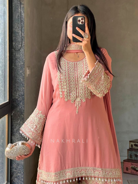 Aarunya Peach Georgette Palazzo Kurta Set with Zari Sequin Work