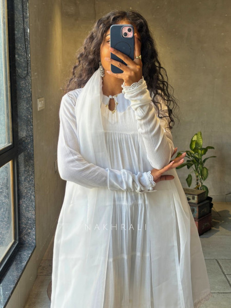 Calira White Cotton Anarkali Suit Set with Organza Dupatta