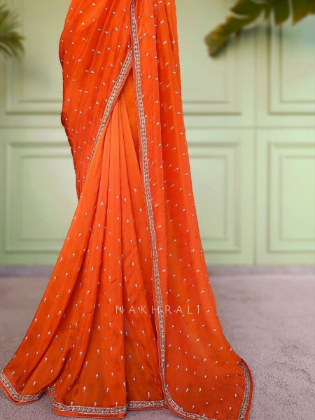 Sangini Orange Saree Zari Butti Work