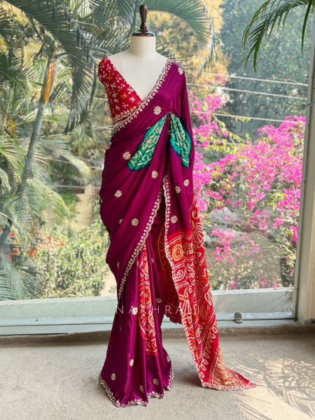 Rangtaal Wine Bandhani Saree