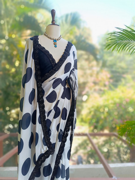 Kavika Black & White Polka Dot Georgette Saree with Lace Border