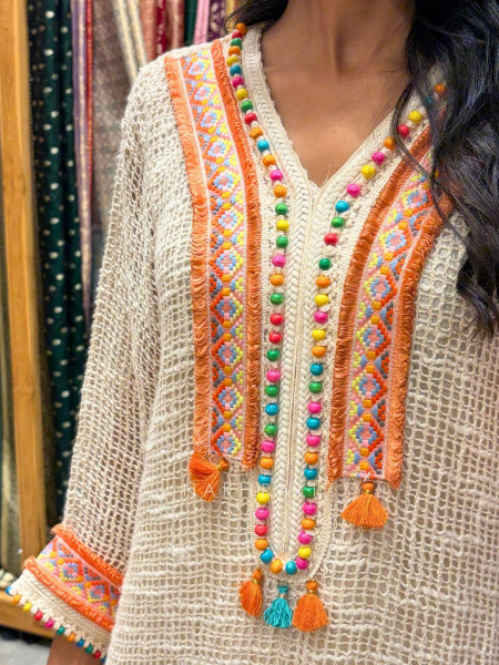 Kavira White Co-Ord Set with Multicolor Embroidery