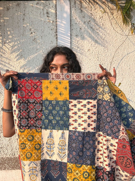 Sootra Cream Cotton Saree with Patchwork Border