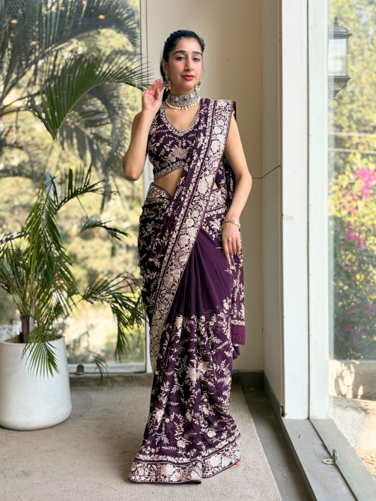 Image of Adaah Wine Georgette Saree with All-Over Embroidery