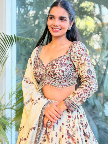 Saumya Cream Embroidered Lehenga with Sequin and Cut Dana Work