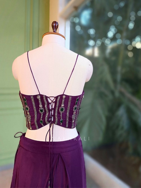 Vireya Wine Pre-Draped Saree with Embellished Blouse