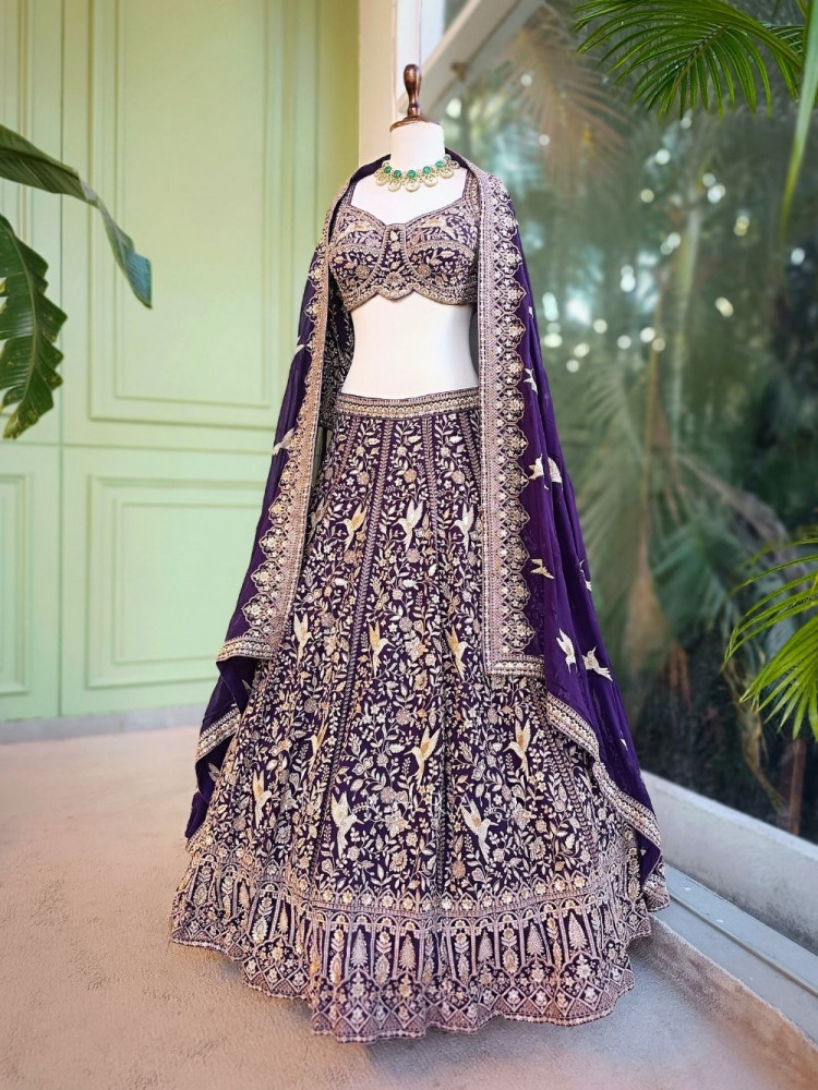 Image of Zareen Purple Thread and Sequin Embroidered Lehenga Set