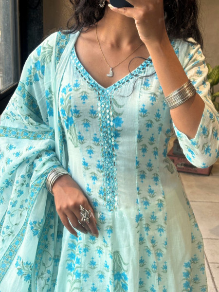 Aarika Blue Cotton Printed Kurta Set with Dupatta