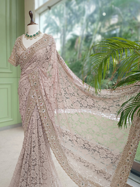 Lunara Beige French Chantilly Lace Designer Saree with Readymade Blouse