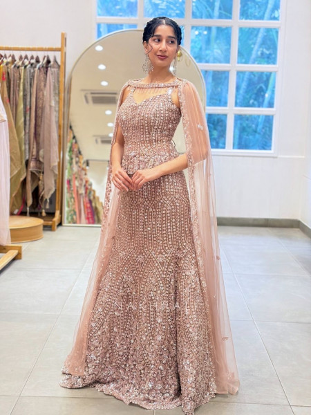 Rose Gold Lattice Cape Ensemble Fish Cut Lehenga