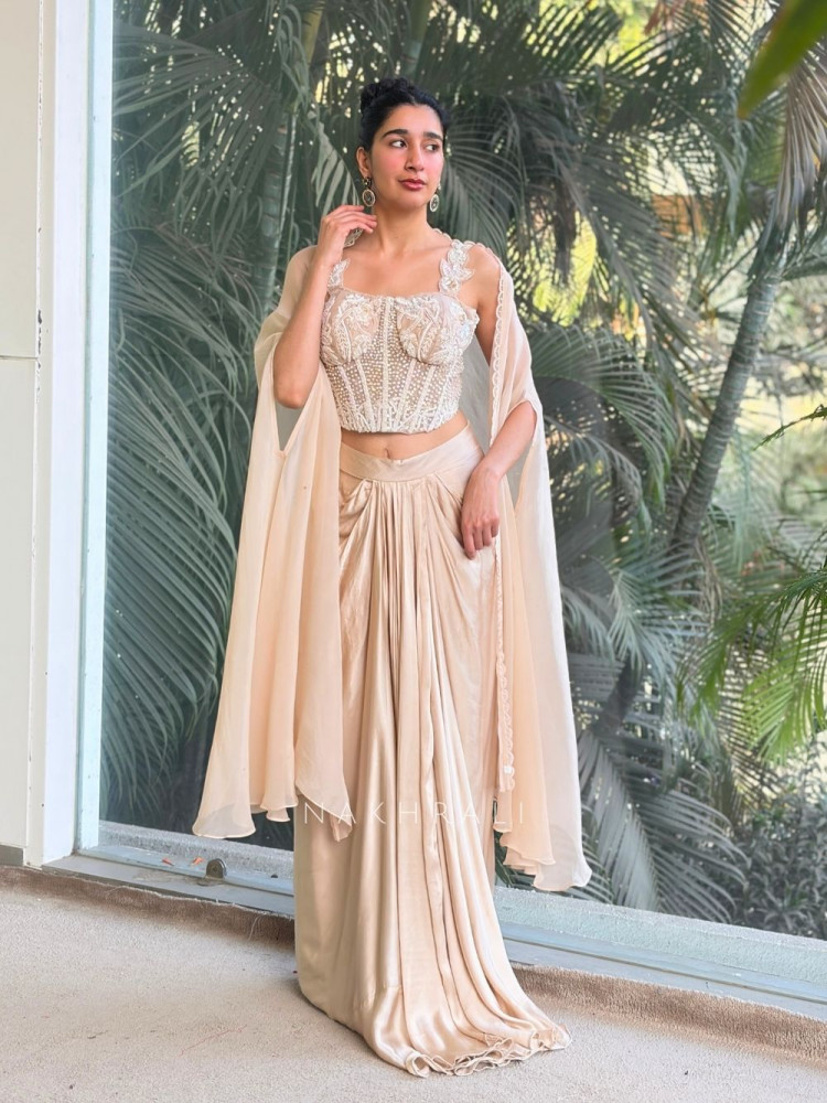 Image of Solenne Beige Corset Skirt Set with Sequin and Cut Dana Work