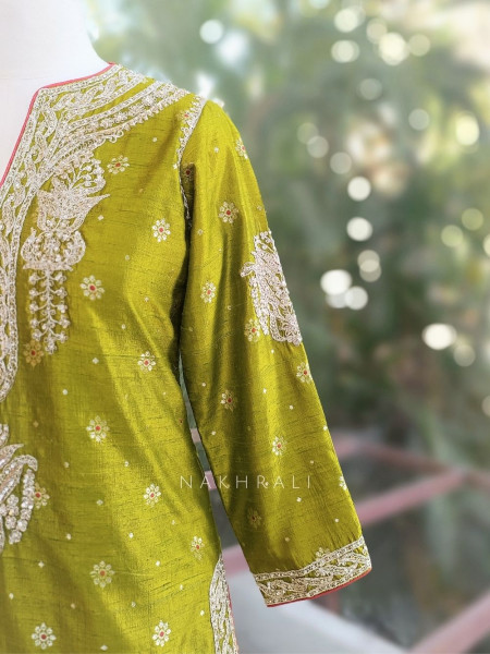 Anokhi Olive Green Zari Sequin Suit Set with Contrast Dupatta