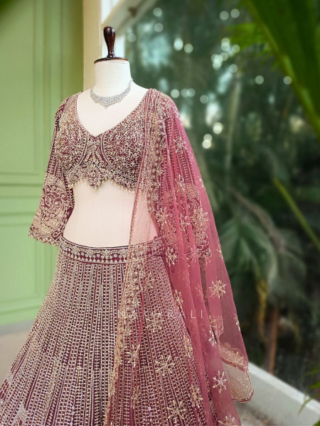 Ruvira Wine Bridal Lehenga with Zari and Sequin Work
