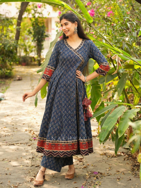 Mirza Blue Angrakha Cotton Kurta