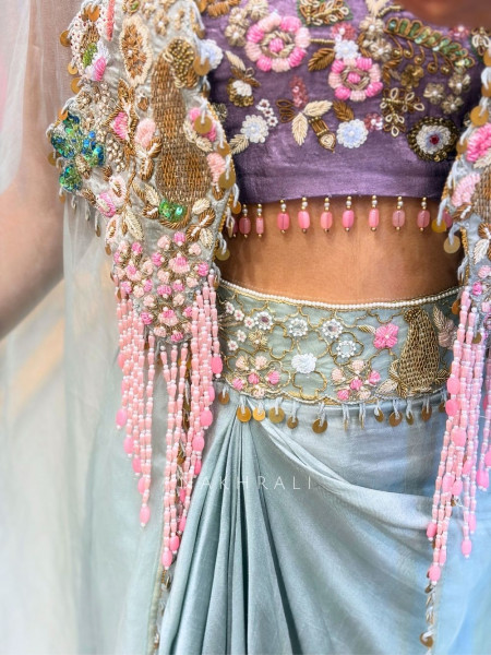 Vyomi Blue Indo Western Crop Top Skirt Set with Multicolor Embroidery