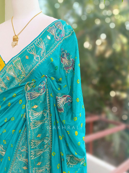 Kavira Rama Green Bandhej Saree with Zari Weaved Border