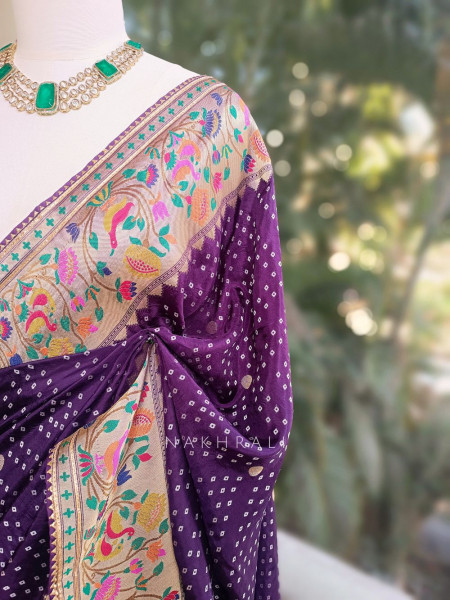 Rivaya Purple Bandhani Saree with Ornate Border