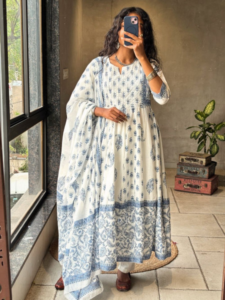 Nerith Blue Cotton Suit Set with Floral Block Print