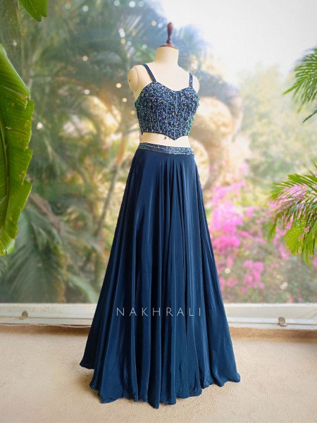 Meadow Navy Blue Lehenga Set with Beads and Sequin Work