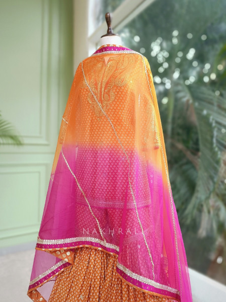 Flare Luxe Orange Gharara Set with Pearl and Sequin Work
