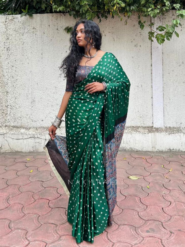 Image of Niyati Green Modal Saree with Ajrakh Pallu