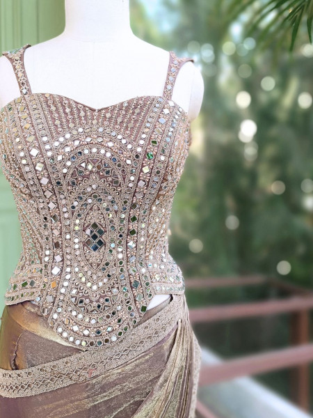 Darpan Purple Drape Saree with Mirror Embroidered Corset Blouse