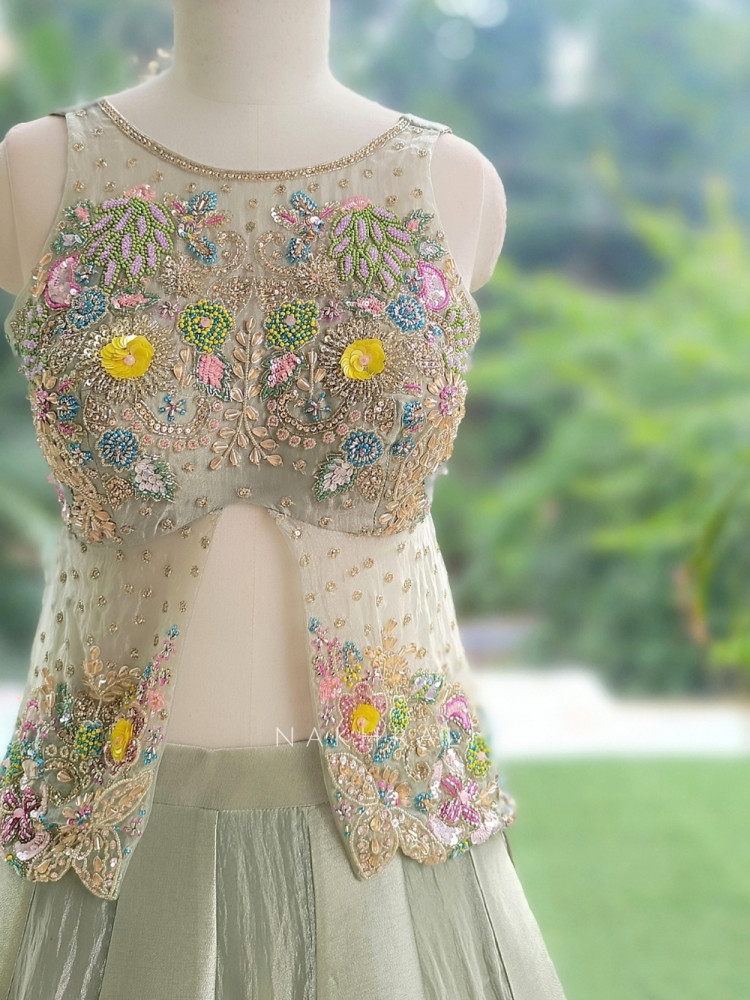 Image of Clover Whisper Pista Green Silk &amp; Net Indo-Western Lehenga