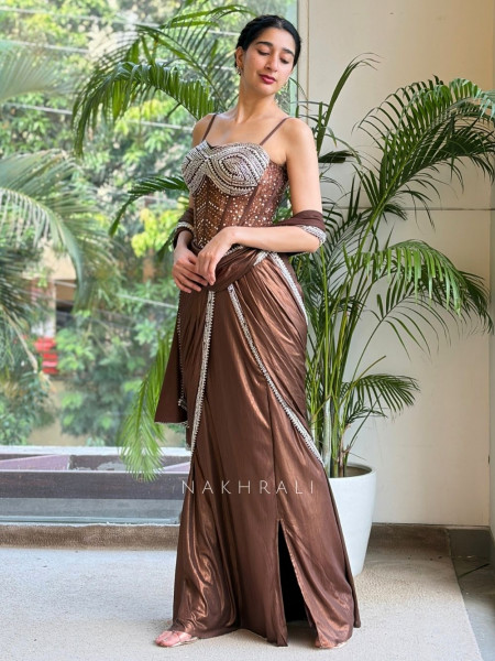 Noir Diva Brown Drape Saree with Sequin and Cut Dana Work