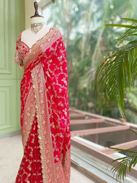 Tarangini Red Banarasi Silk Blend Saree with Readymade Blouse