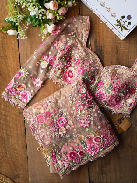 Tiararose Sand Beige Net Floral Embroidered Saree