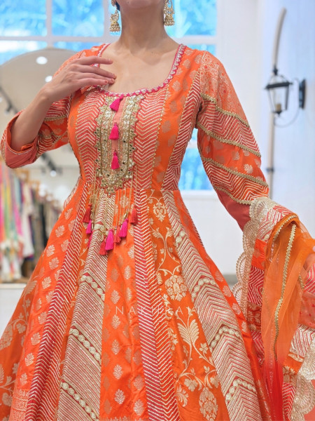 Leela Orange Anarkali Suit Set with Gota & Mirror Work