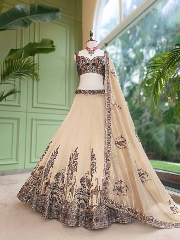 Image of Nirvika Cream Chanderi Raw Silk Lehenga Set