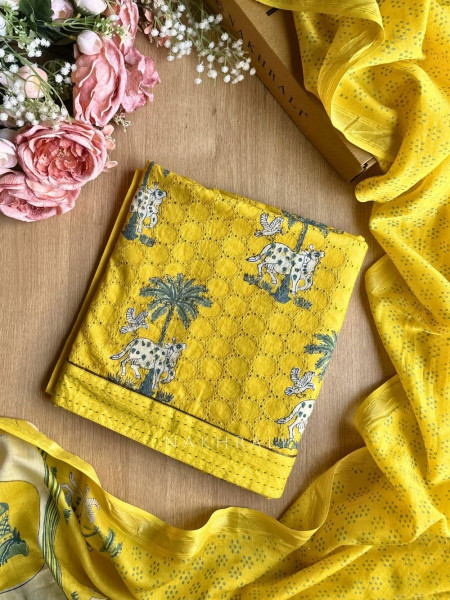 Katha Yellow Printed Dress Material Set