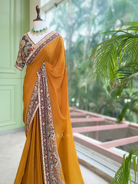 Dhara Mustard Georgette Silk Saree With Kalamkari & Cutdana Work