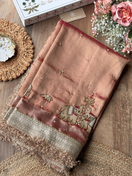 Gajshri Copper Rose Banarasi Katan Tissue Silk Saree