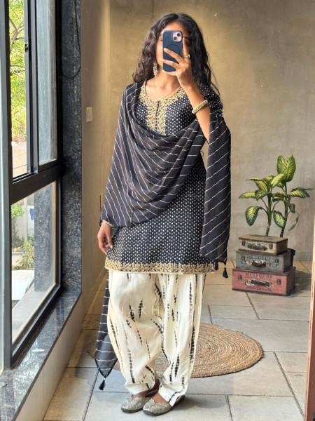 Rivkara Black Bandhej Suit Set with Golden Embroidery and Bead Work