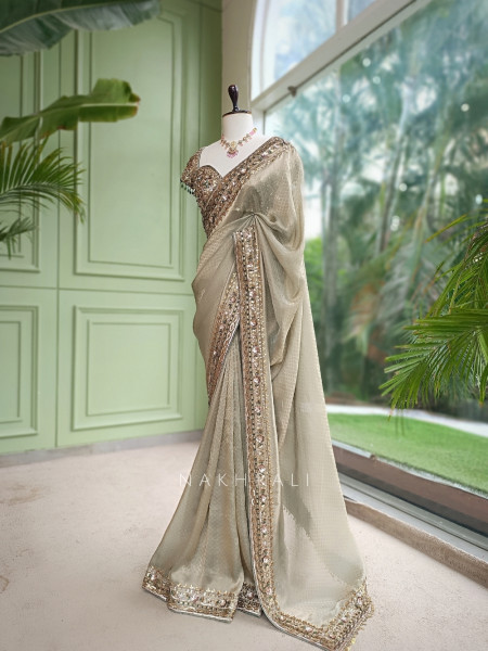 Lustre Trellis Sage Green Tissue Silk Saree with Readymade Blouse