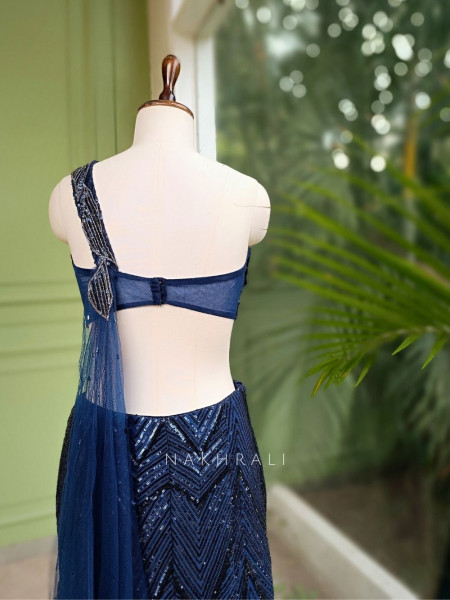 Noir Gleam Blue Sequin Crop Top Skirt Set